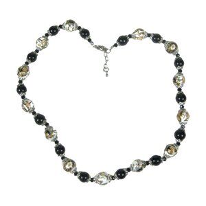 Beaded Necklace Plastic Black Floral Beads 20 Inches Silvertone